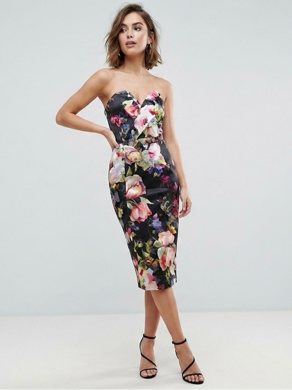 ASOS Strapless Floral Pencil Dress with Asymmetrical Sweetheart Neckline